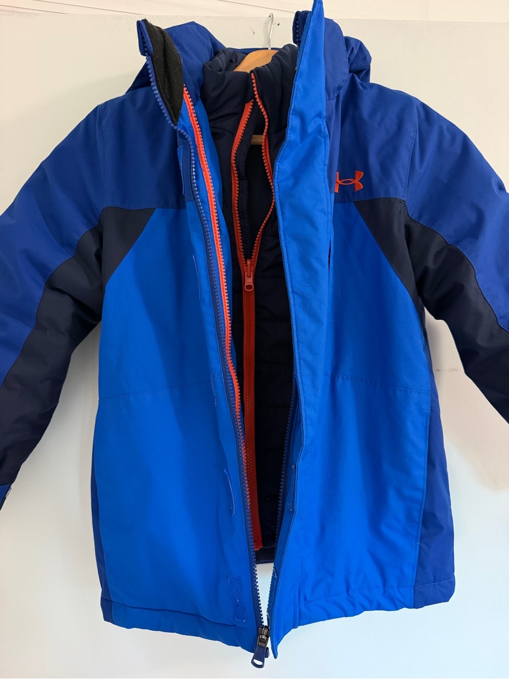 Under Armour Boys' Blue and Navy Insulated Hooded Puffer with Orange Accents